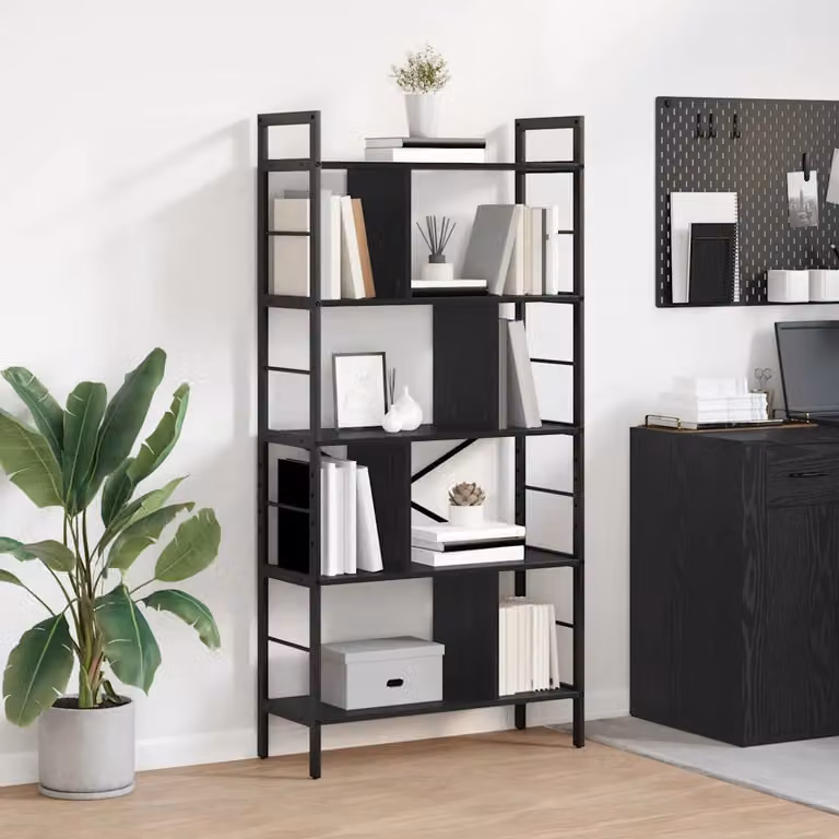 Libreria industrial vidaXL a 9 livelli in metallo e MDF, colore nero e marrone, L 75 cm x P 30 cm x H 156 cm