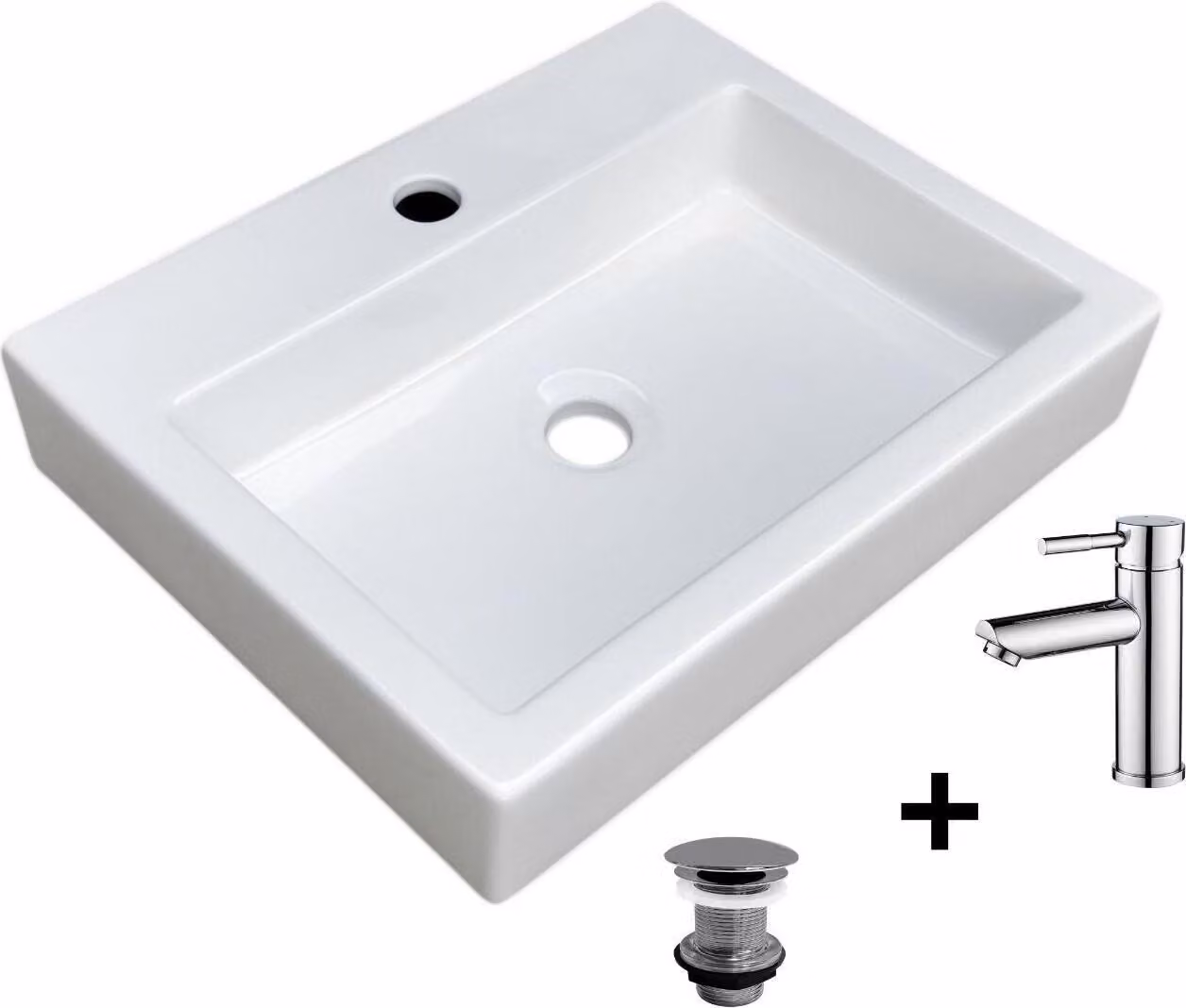 Lavabo da appoggio rettangolare 48x38cm + rubinetto + scarico PADI