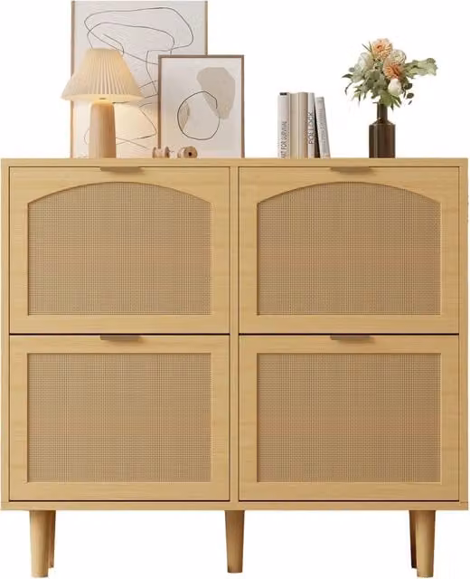 Mobile porta scarpe scandinavo in rattan e legno color beige e marrone con ripiani interni, L: 100 cm, P: 25 cm, H: 90 cm