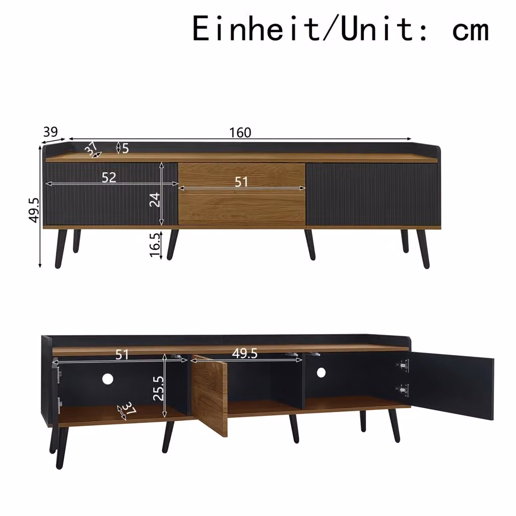 Cassettiera per TV KOMHTOM moderna in MDF e legno, colore nero e beige, L: 160 cm, P: 39 cm, H: 49,5 cm – 2