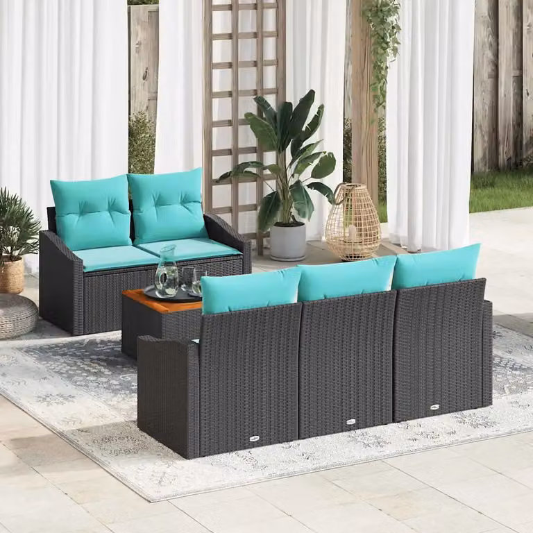 Set Divano da Giardino vidaXL 6 pz a Forma a L con Poltroncine, Divano a 3 Posti e Tavolino, Colore Nero con Cuscini e Struttura in Acciaio Verniciato a Polvere