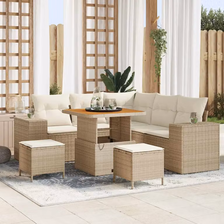 Set Divano da Giardino vidaXL a Forma di L in Polyrattan con Cuscini, 8 Pezzi, Beige e Bianco