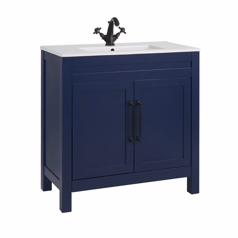 Mobile Bagno Blu Marino da 810mm con Lavabo e Maniglie Classiche Nere con Barra a T - Warwick