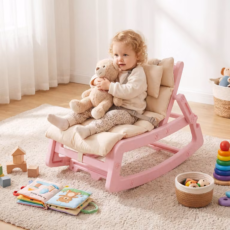 Sedia a dondolo per bambini Costway con schienale regolabile, poggiatesta rimovibile, cintura a 5 punti e imbottitura, colore Rosa