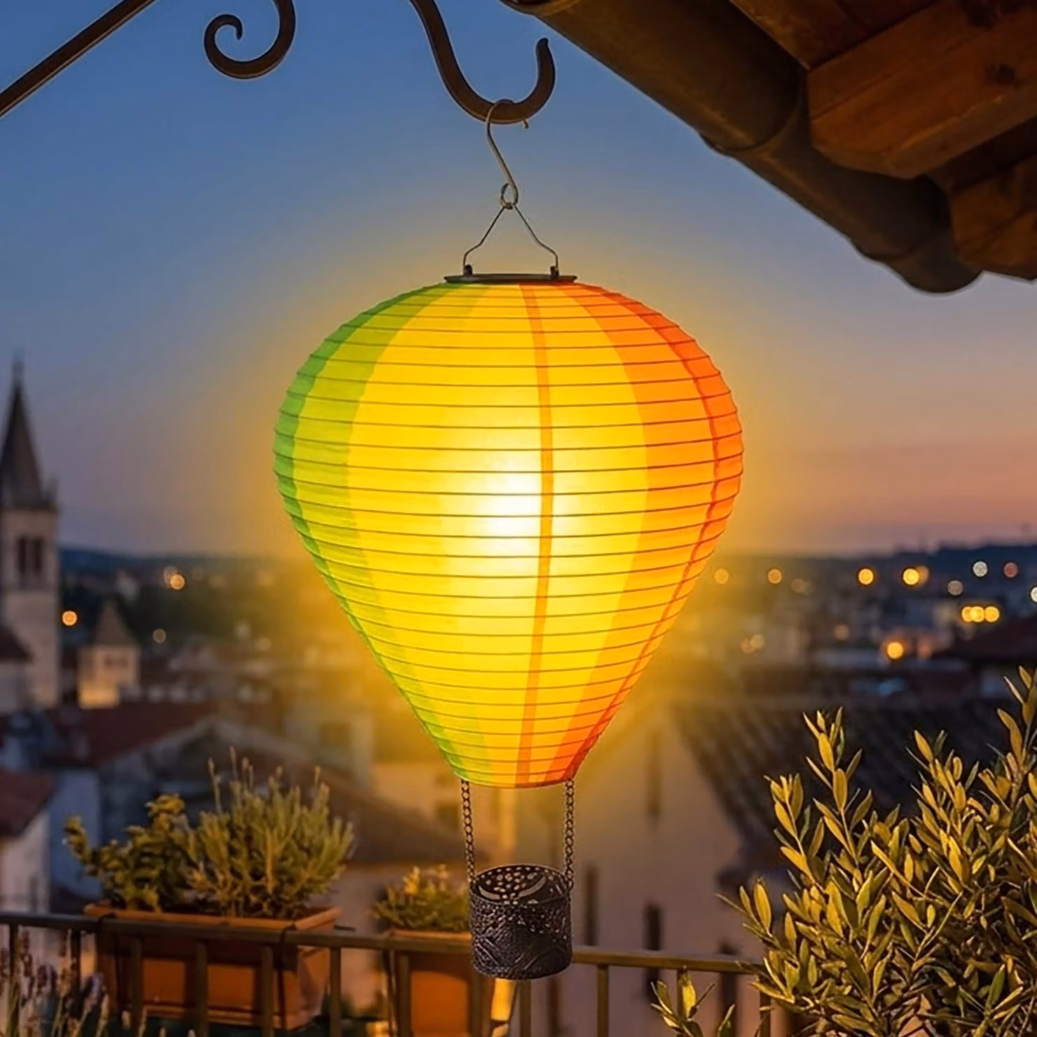 Lampada solare a forma di mongolfiera in nylon colorato, da appendere, grande - 58 cm - Luce da giardino a LED con effetto fiamma - Lanterna decorativa da giardino, lampada solare