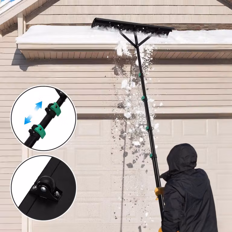 Jayseuw pala da neve telescopica per tetti, lunga 3,6 metri, con lama in alluminio e labbro in gomma, resistente, adatta per pannelli solari, tetti e sentieri del giardino.
