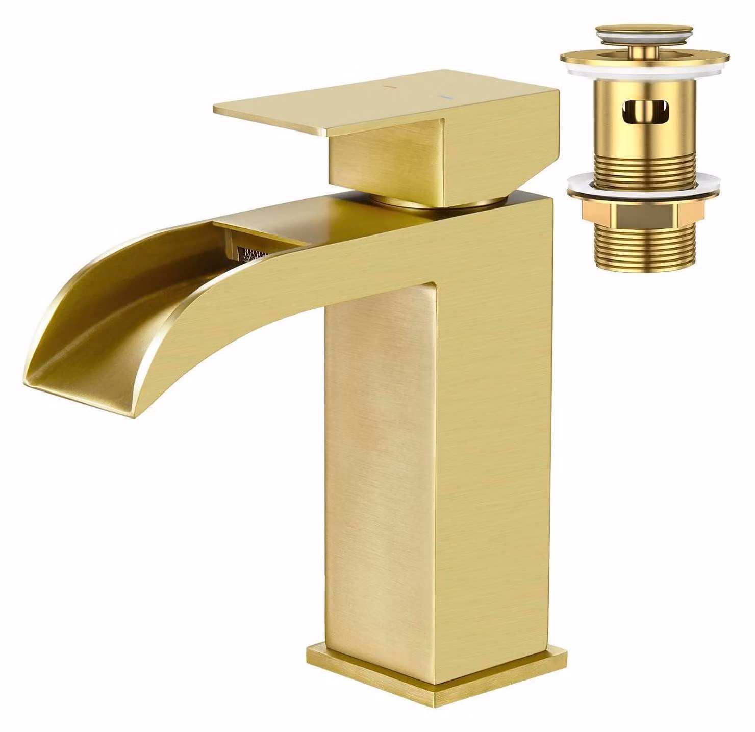 Miscelatore monocomando per lavabo a cascata, angolare, finitura dorata spazzolata, con sistema di scarico a scomparsa