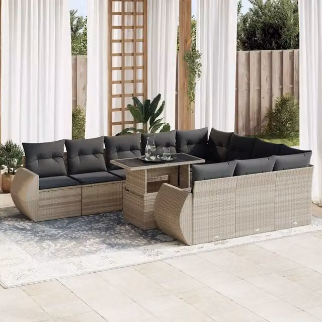 Set di divani da giardino vidaXL a forma di U composto da 11 pezzi con cuscini e tavolino da caffè, colore grigio – 1