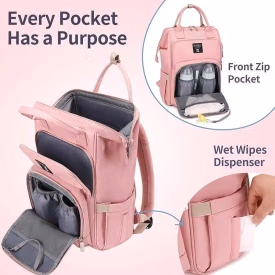 Borsa da viaggio e cambio per bambini impermeabile con cuscino e attacco per passeggino, colore rosa