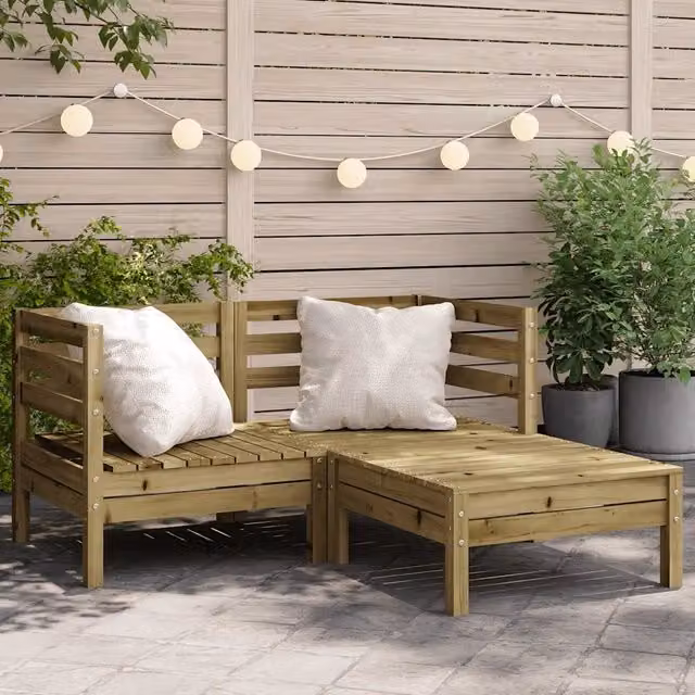 Divano da Giardino a L con Poggiapiedi vidaXL in Legno di Pino Trattato e Cuscini Beige – 1