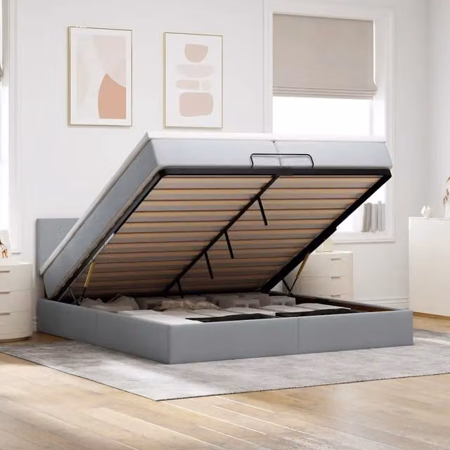 Letto con contenitore a sollevamento e materasso vidaXL in tessuto grigio e bianco L: 200 cm, P: 200 cm, H: 88 cm – 1
