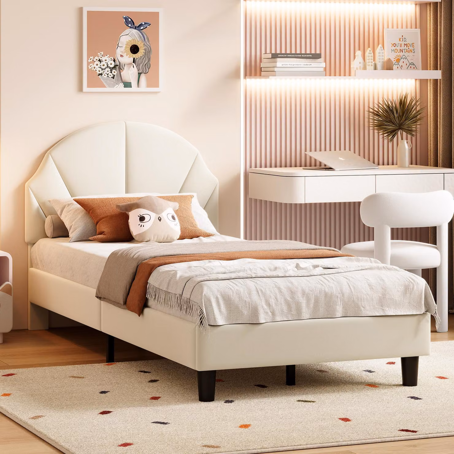 Letto per bambini 90x190 cm, letto imbottito per bambine con testiera a forma di conchiglia, regolabile in altezza, rete a doghe, tessuto velluto color beige, letto per adolescenti senza materasso