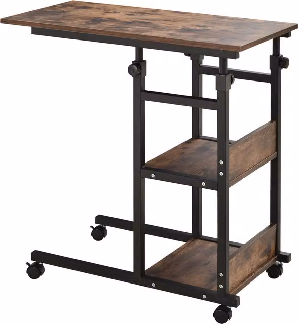 HOMCOM Tavolino portaoggetti con ruote regolabile in altezza, 2 ripiani in legno e telaio in metallo, Marrone/Nero, L: 80 cm, P: 40 cm, H: 72-82 cm