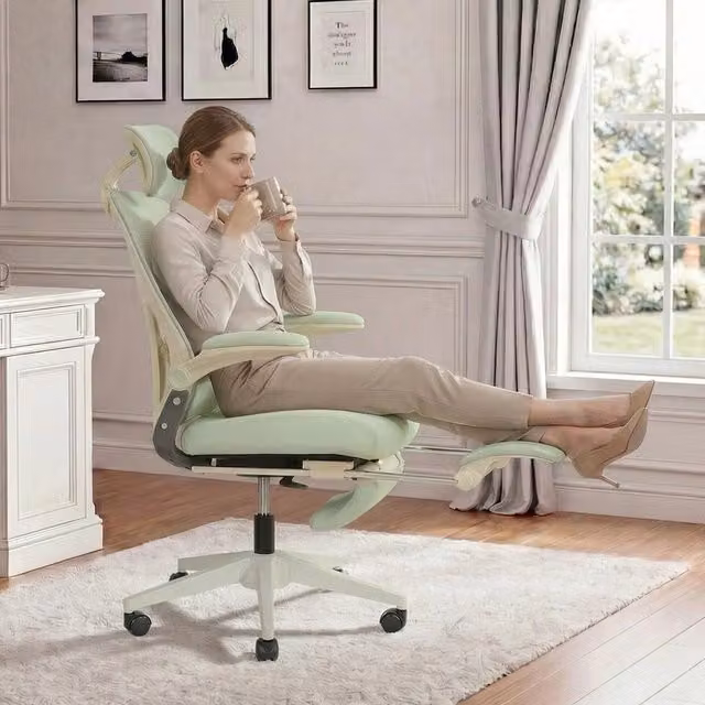 Sedia da ufficio ergonomica Minimal verde con braccioli, supporto lombare e poggiatesta in tessuto e imbottitura in schiuma – 1