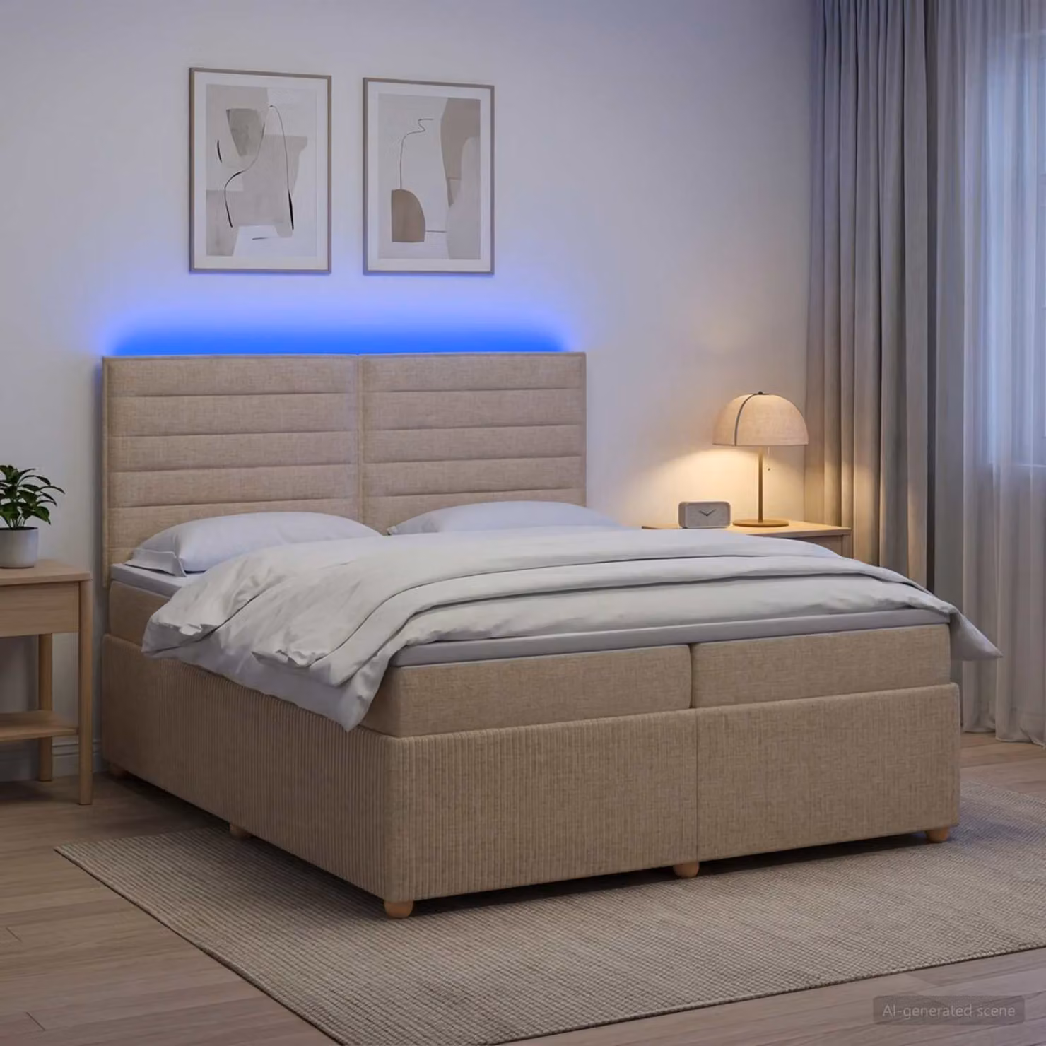 Letto Box Spring vidaXL con Materasso Ibrido e Illuminazione LED, Colore Beige, L/P: 200 x 200 cm