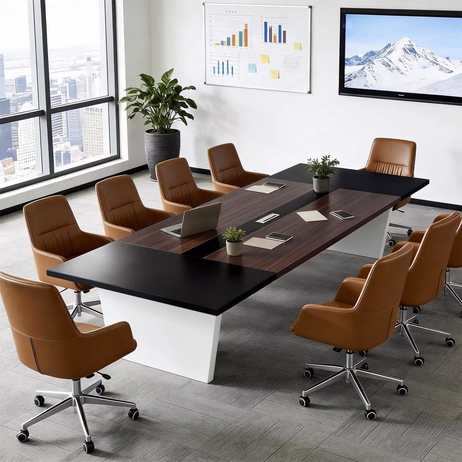 Tavolo da conferenza per ufficio, dimensioni 200x100x74 cm, colore nero e bianco, piano del tavolo spesso 2,5 cm
