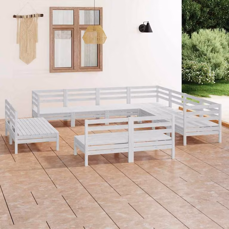 Set Salotto da Giardino vidaXL 11 pz in Legno di Pino Bianco con Cuscini e Design a L