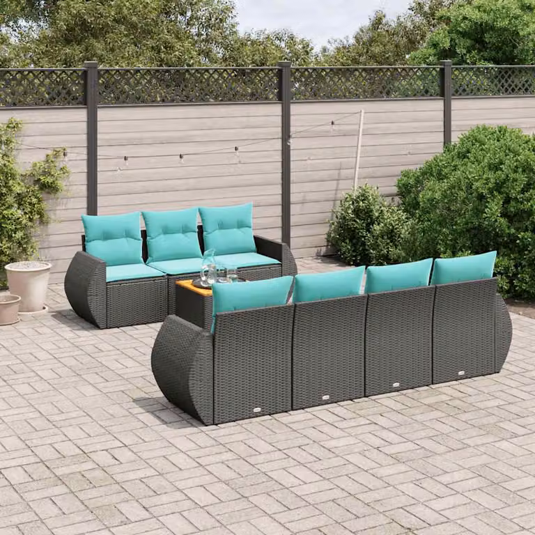 Set di divani da giardino vidaXL 8 pezzi in polyrattan nero con cuscini e tavolino da caffè a forma di U
