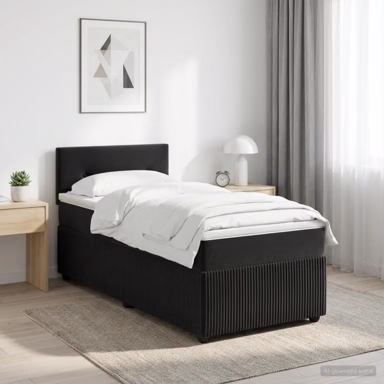 Letto box spring vidaXL con materasso a molle insacchettate in velluto nero, L/P: 190 x 90 cm