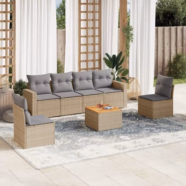 Set di divani da giardino vidaXL in 7 pezzi con cuscini beige in polyrattan e legno di acacia