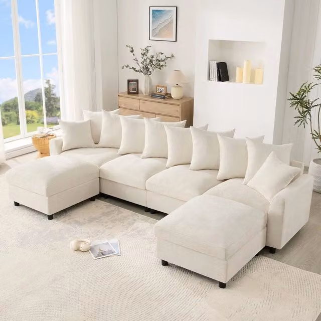 Divano angolare 6 posti ¨C Minimal ¨C Beige tessuto chenille con cuscini poggiapiedi porta di ricarica USB Type-C