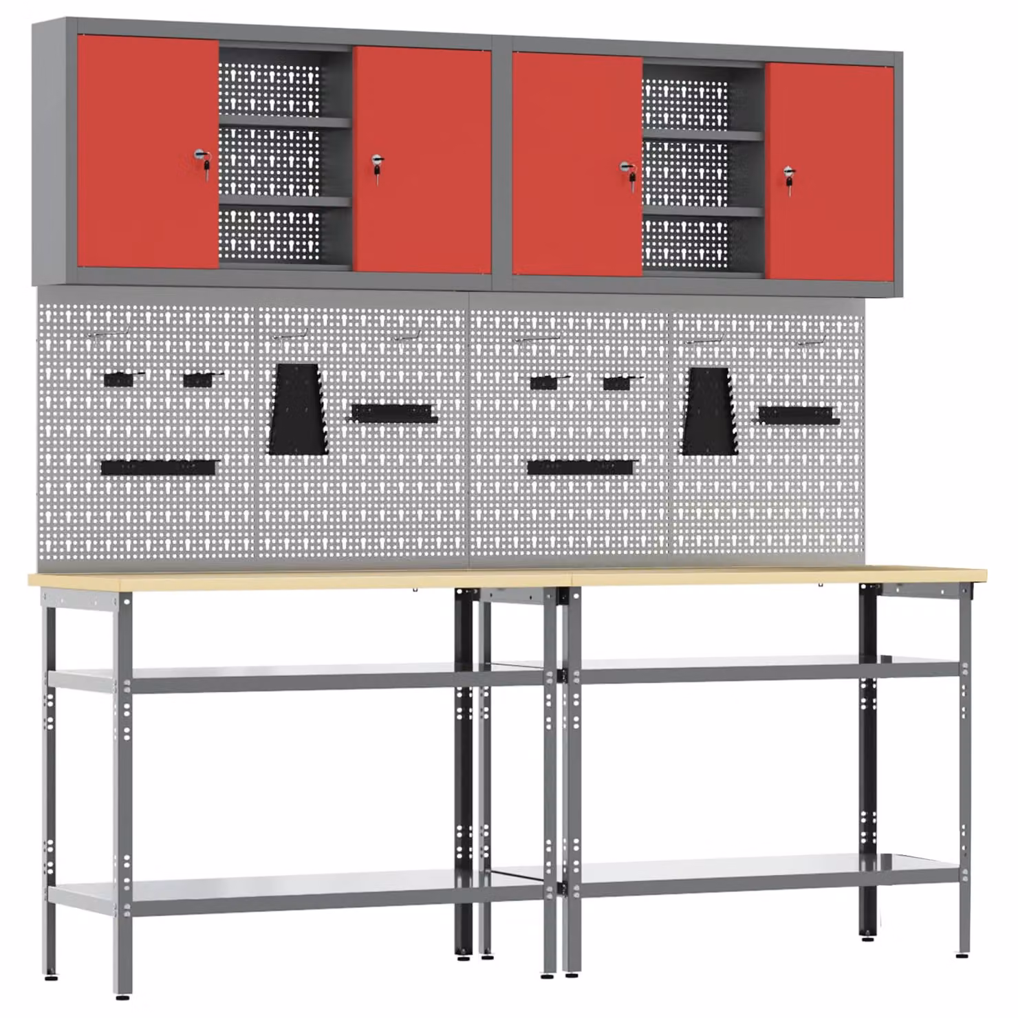 Set banco da lavoro vidaXL 8 pz con pannello forato e altezza regolabile in acciaio, Rosso e Grigio