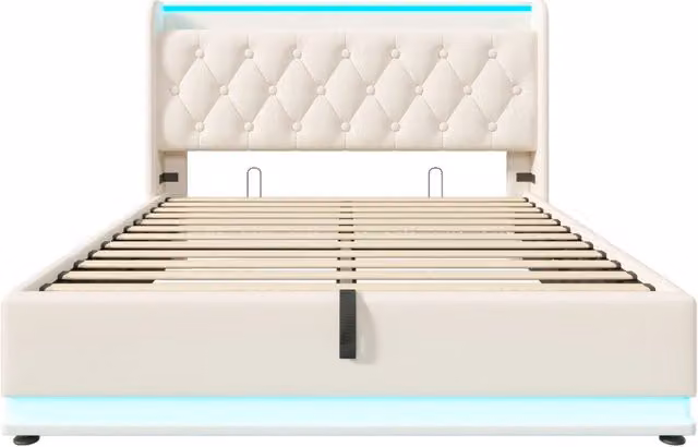 Letto matrimoniale imbottito 140x190 cm con illuminazione LED 360°, testiera con porta USB Tipo-C, struttura in PU bianco con contenitore idraulico (senza materasso)