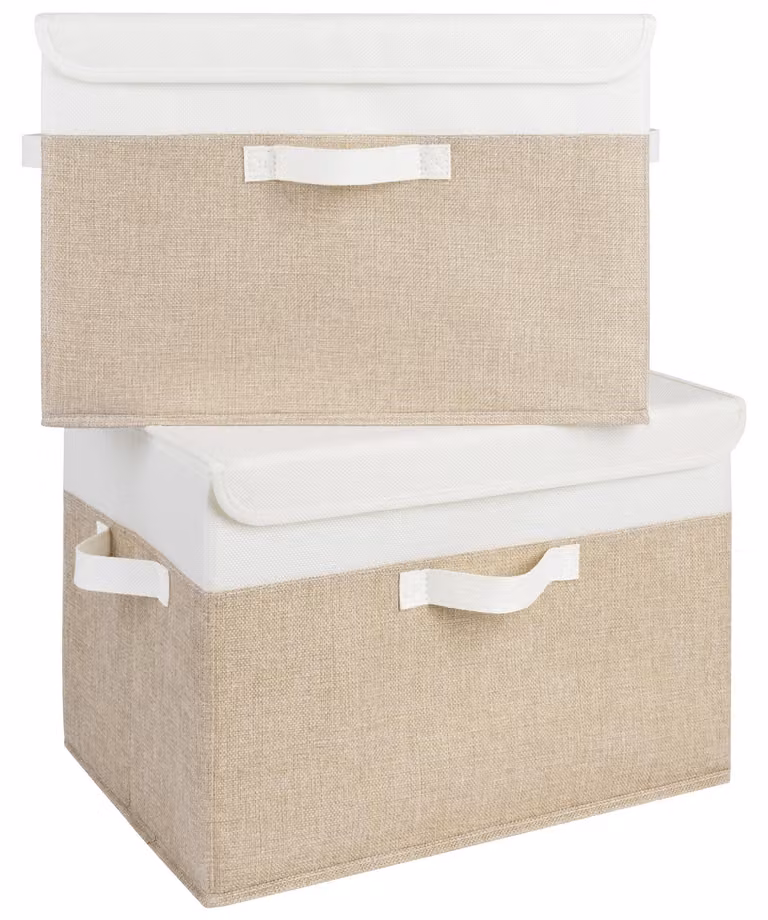 Scatole portaoggetti con coperchio, grandi, confezione da 2, contenitori in tessuto - bianco e kaki