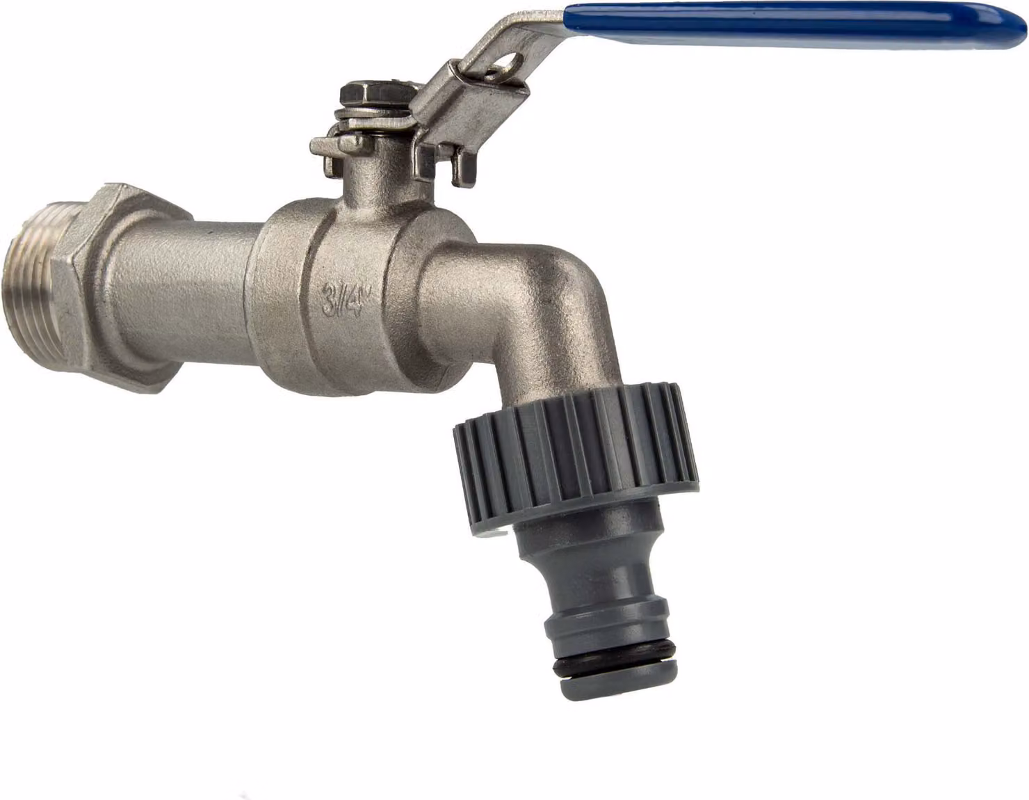 Valvola a sfera in acciaio inossidabile da 3/4 di pollice con raccordo a innesto, nastro in teflon e leva in acciaio blu - chiudibile a chiave, V4A (316)