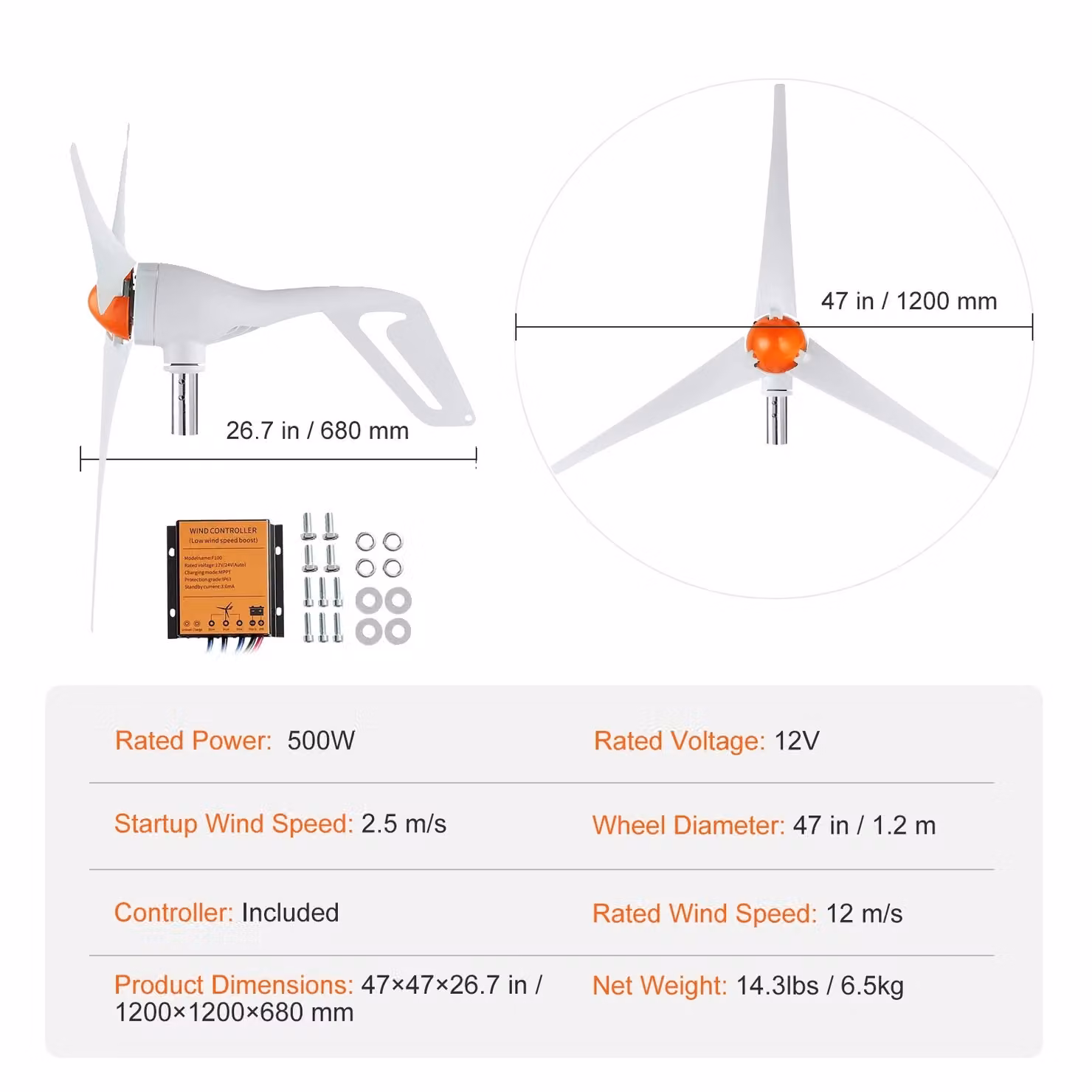 Generatore eolico, potenza 500W, diametro ruota 47 pollici, 12V 500W 3 pale
