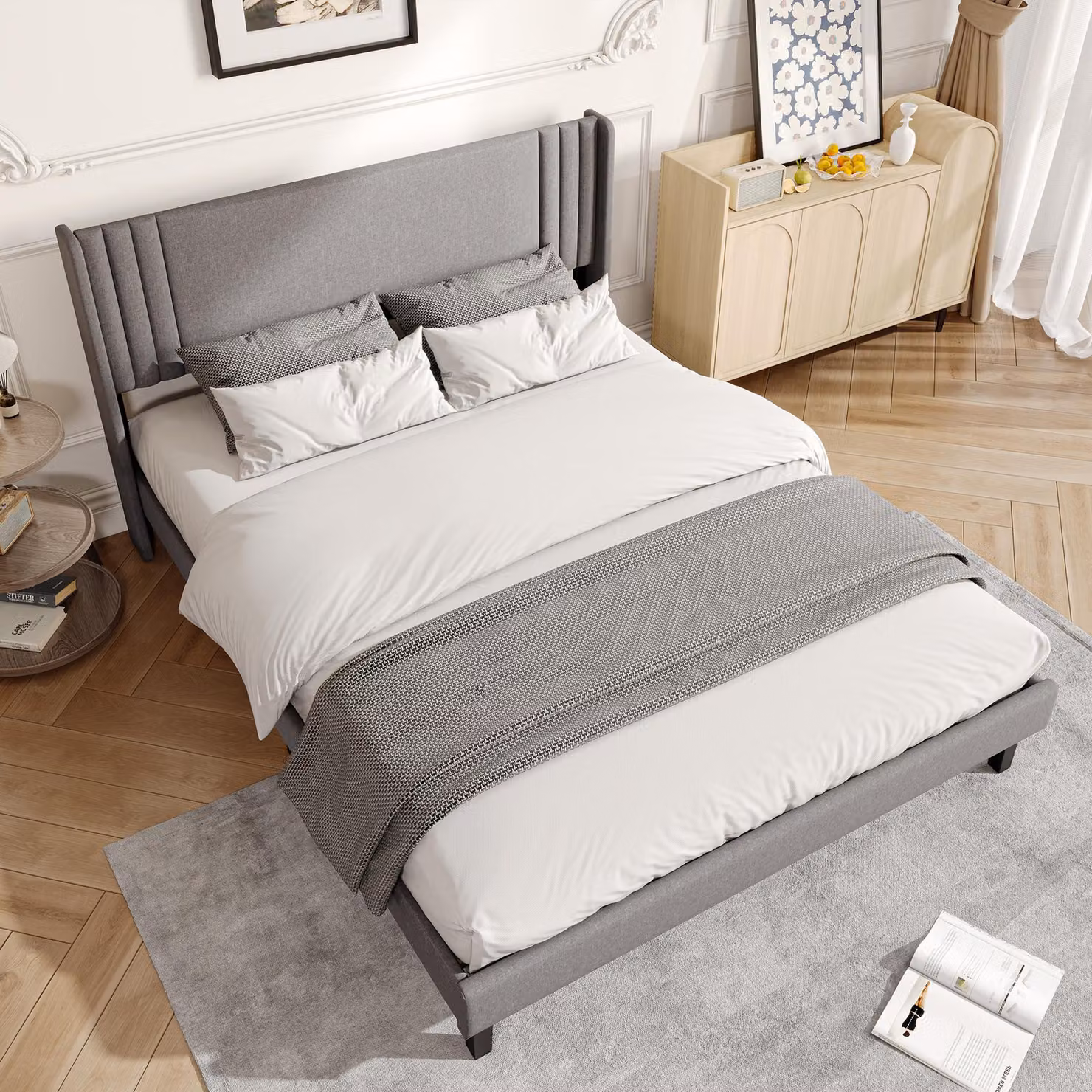 UnboxG, letto imbottito in lino, grigio, 140x200 cm, con testiera sagomata, rete a doghe in legno, struttura robusta, silenzioso, con spazio contenitivo, facile da montare, senza materasso
