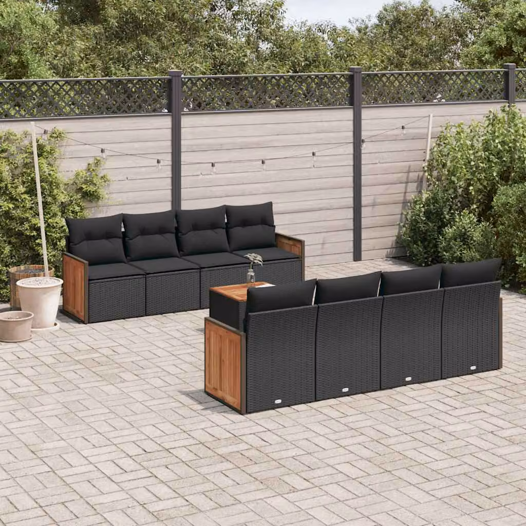 Set di divani da giardino vidaXL in polyrattan nero con cuscini e tavolino da esterno – 1