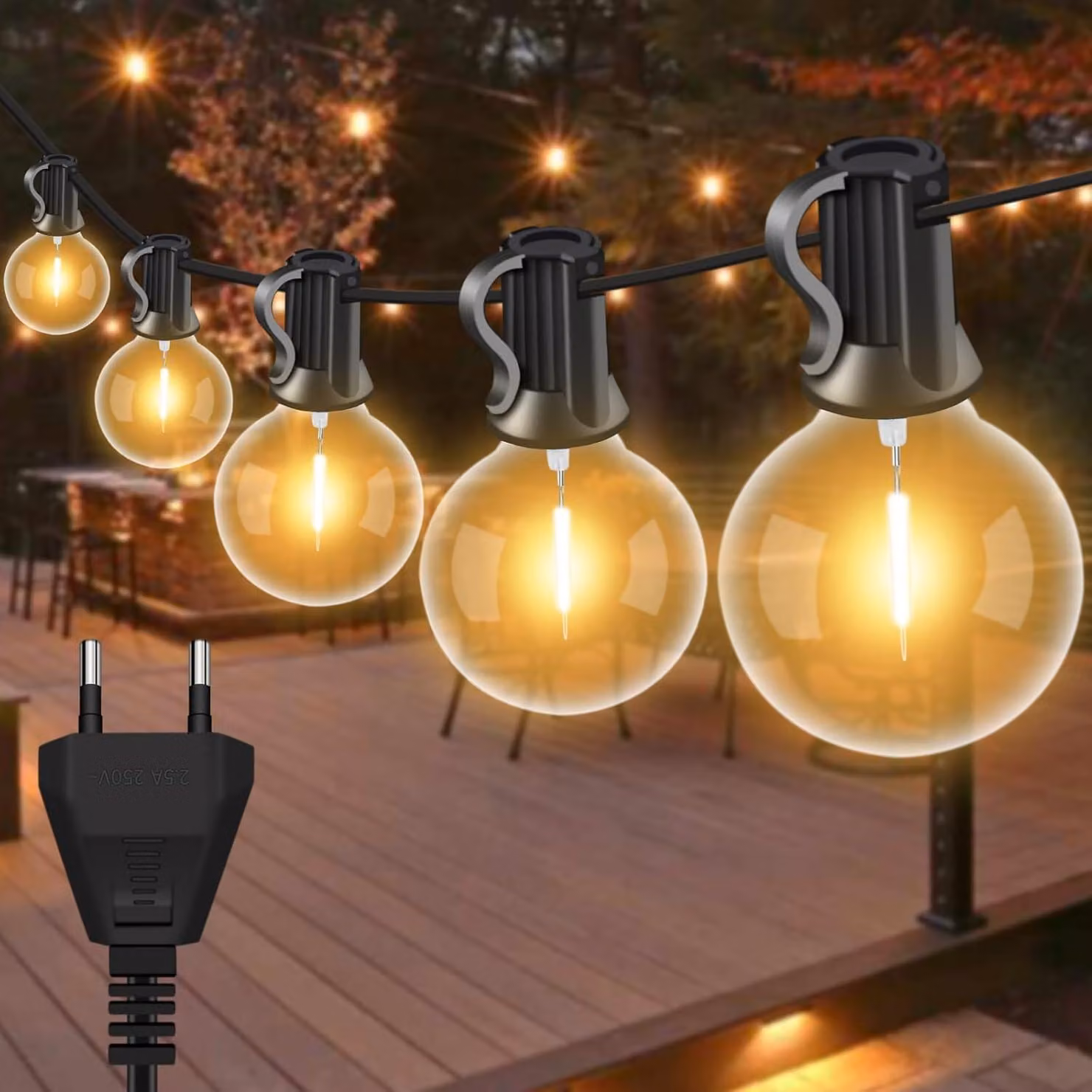 Catena luminosa a LED, 6 metri, 18 lampadine G40, luce bianco caldo, grado di protezione IP44, adatta per uso esterno