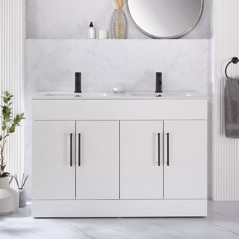Mobile Bagno a Terra Bianco da 1210mm con Doppio Lavabo e Maniglie Nere con Barra a T - Cluo