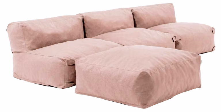 Divano ad angolo fisso modulabile con 3 poltrone e 1 pouf rosa cipria - Oviala Mixi