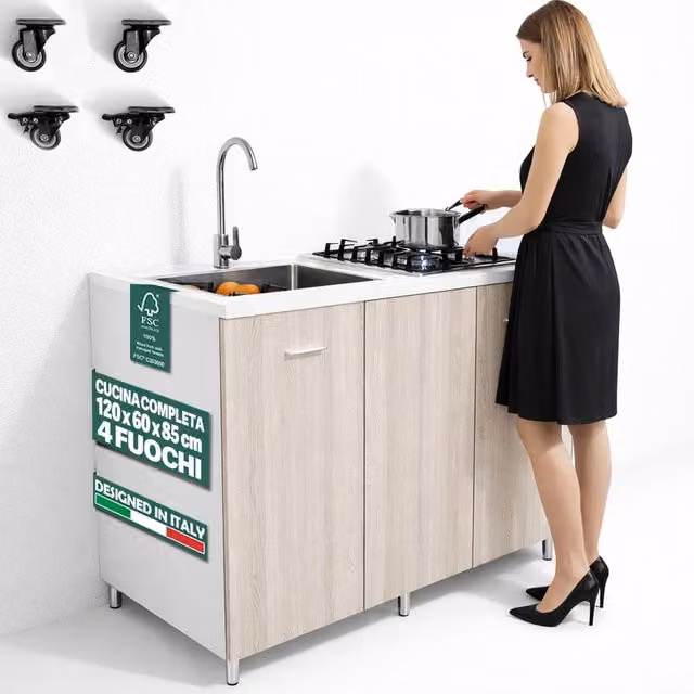 Cucina Completa 120x60cm Olmo Piano Cottura 4 Fuochi Lavello con Rubinetteria