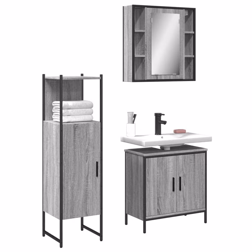 Set di mobili da bagno vidaXL 3 pezzi Grigio con armadietto specchio, mobile lavabo e colonna alta