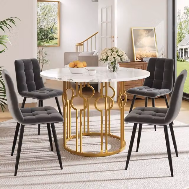 Set tavolo da pranzo e sedie con 1 tavolo rotondo e 4 sedie, piedini regolabili, MDF bianco e velluto grigio scuro
