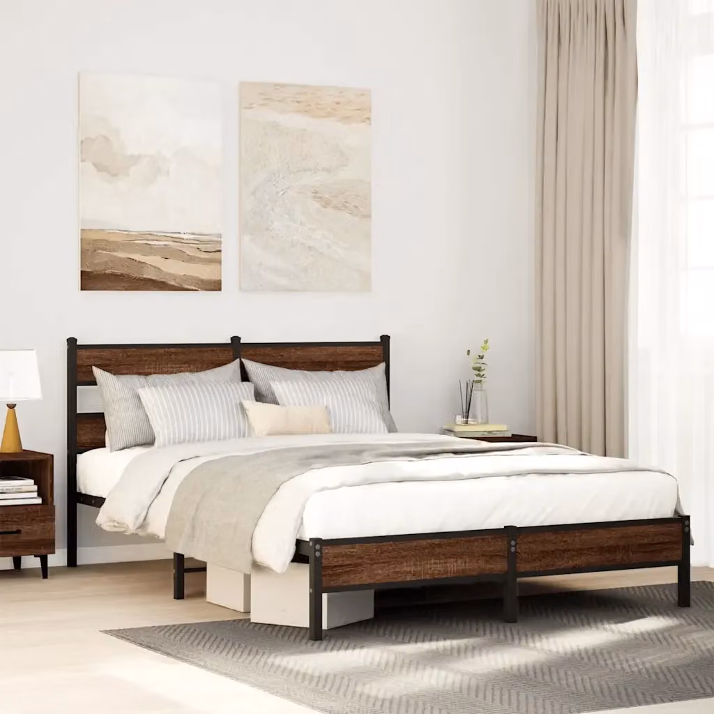 Letto matrimoniale con struttura in metallo e legno color rovere marrone L 160 x P 200 cm – 2
