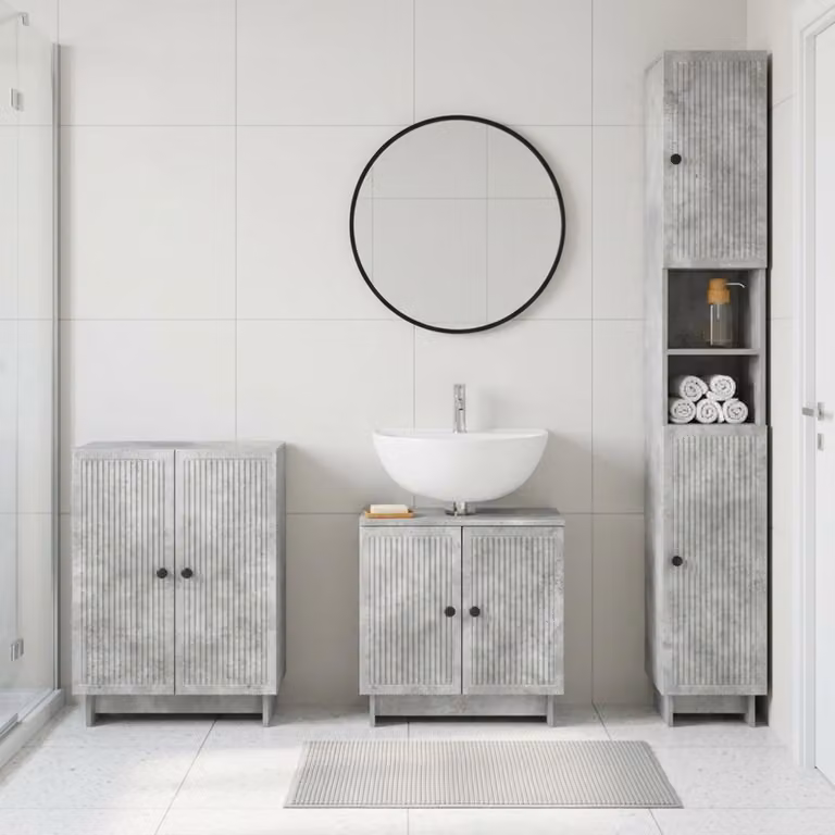 Set di armadietti da bagno moderni vidaXL EDE in 3 pezzi, colore grigio cemento, con vanità, mobile laterale e pensile in legno