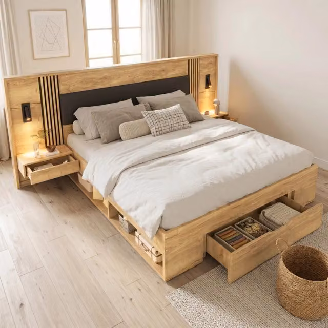 Letto con cassetti 160 × 200 cm con vani portaoggetti e comodini testiera imbottita in PU MDF colore naturale