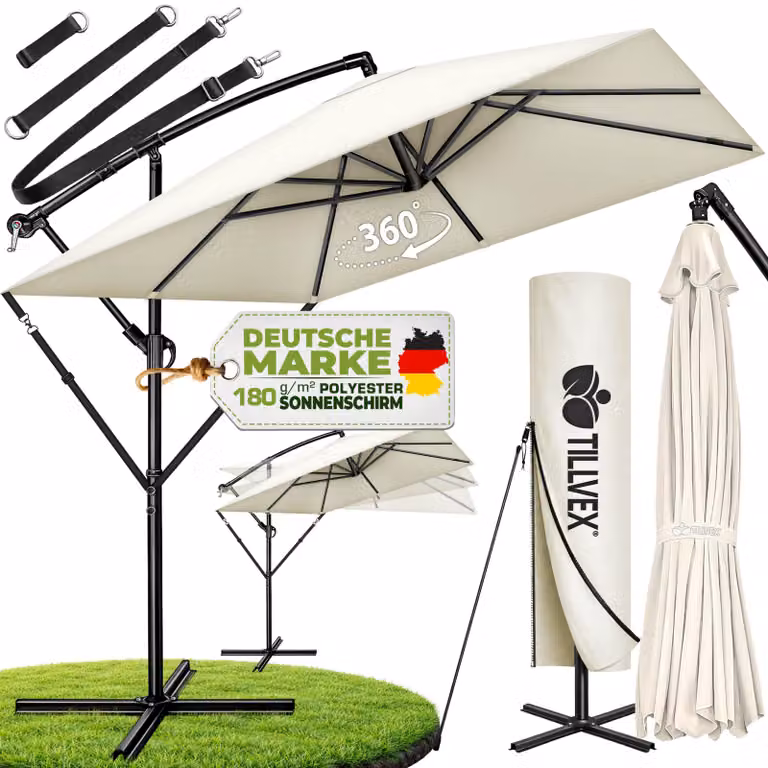 tillvex® Ombrellone in alluminio Rettangolare Ø 330 cm Beige + copertura con manovella | Ombrellone quadrato a sbalzo con supporto e frangivento | Ombrellone da giardino Protezione UV in alluminio | Ombrellone con manovella Impermeabile ruotabile a 360°