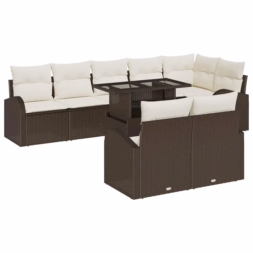 Set Divano da Giardino vidaXL 9 Pezzi a Forma di U in Poly Rattan Marrone con Cuscini Beige e Tavolino – 2