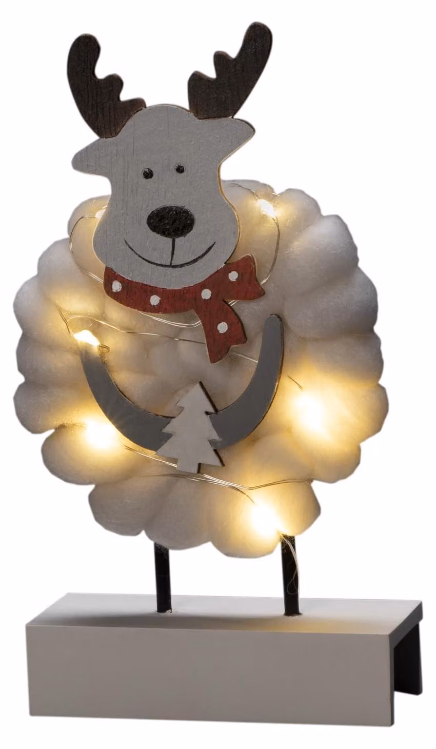 Alce in legno con illuminazione a LED, bianco, 6 LED bianco caldo, con timer