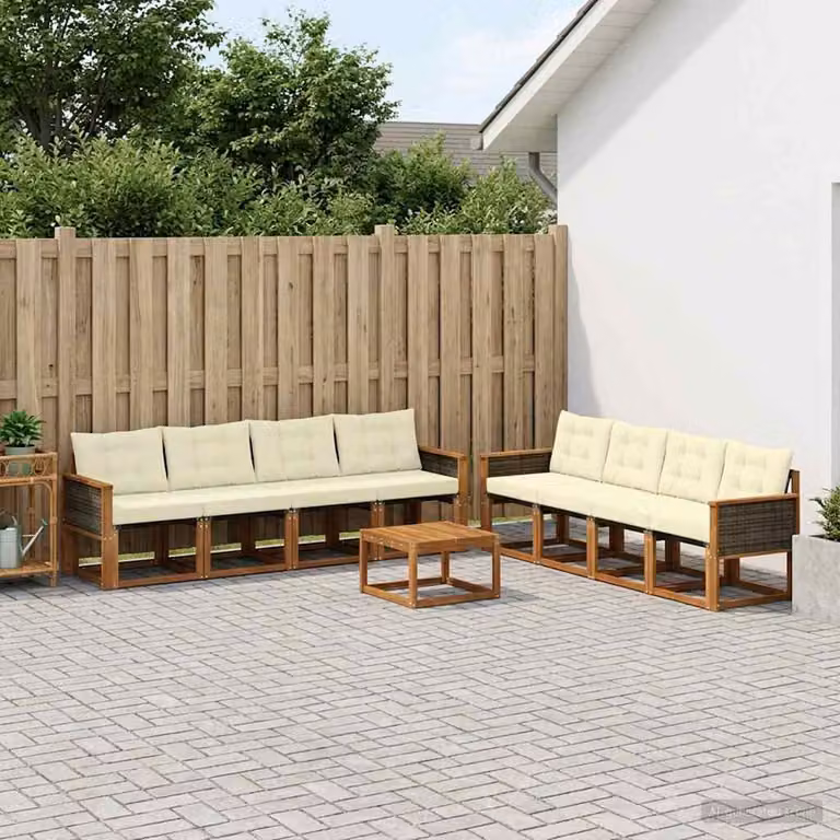 Set di divani da esterno vidaXL 9 pezzi in legno di acacia con tavolino e cuscini, colori beige, bianco e marrone