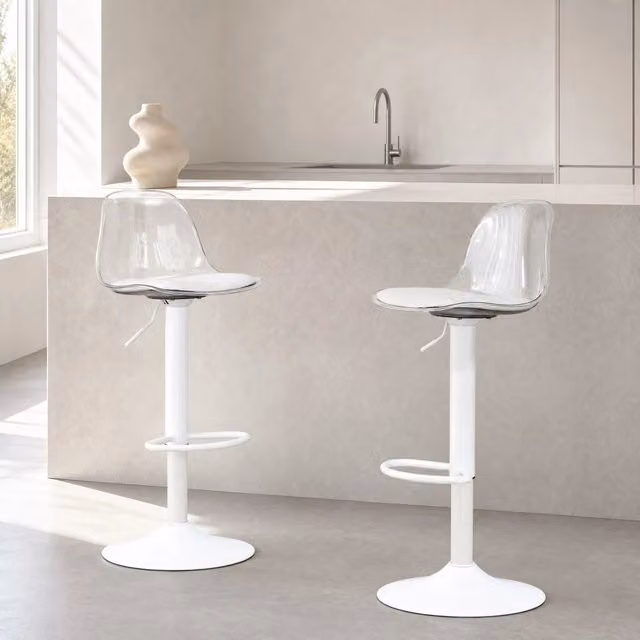 Set di 2 sgabelli da bar FOLYNA regolabili in altezza con schienale trasparente e base in metallo bianca, girevoli a 360° – 1