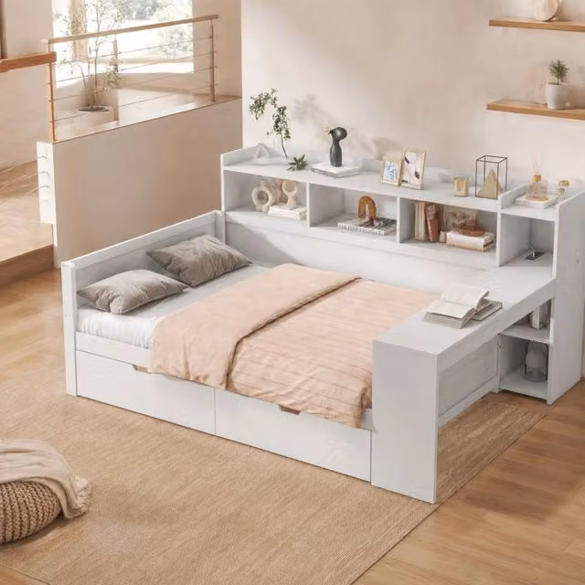 Letto da giorno Mivray bianco con scrivania, 2 cassetti e porta USB, L/P/H: 200 x 90 x 121,8 cm