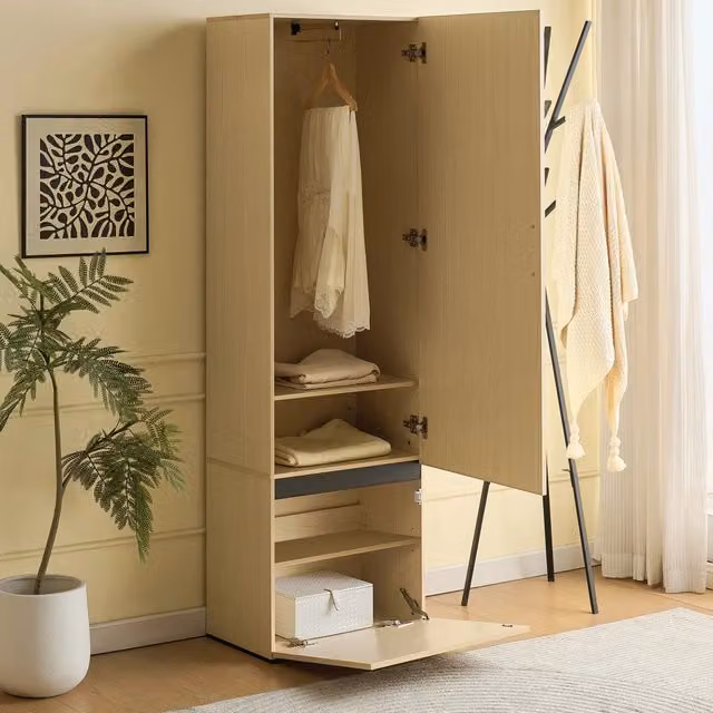 Armadio da ingresso moderno WISHDOR con specchio e appendiabiti, in MDF e metallo, colore beige e marrone, L: 80.0 cm, P: 40.45 cm, H: 179.5 cm