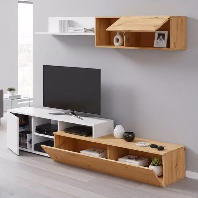 Parete Attrezzata Modulabile Aligator DMORA per Soggiorno e Sala da Pranzo, Marrone Rovere Nodi e Bianco, L: 220 cm, P: 40 cm, H: 44 cm
