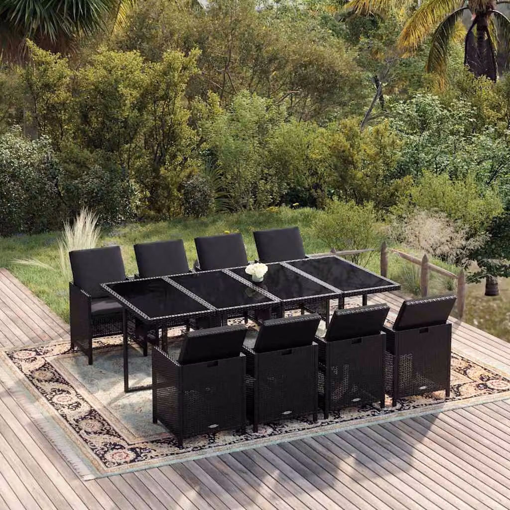 Set da Pranzo da Giardino vidaXL in Polyrattan Nero con 9 Pezzi e Cuscini